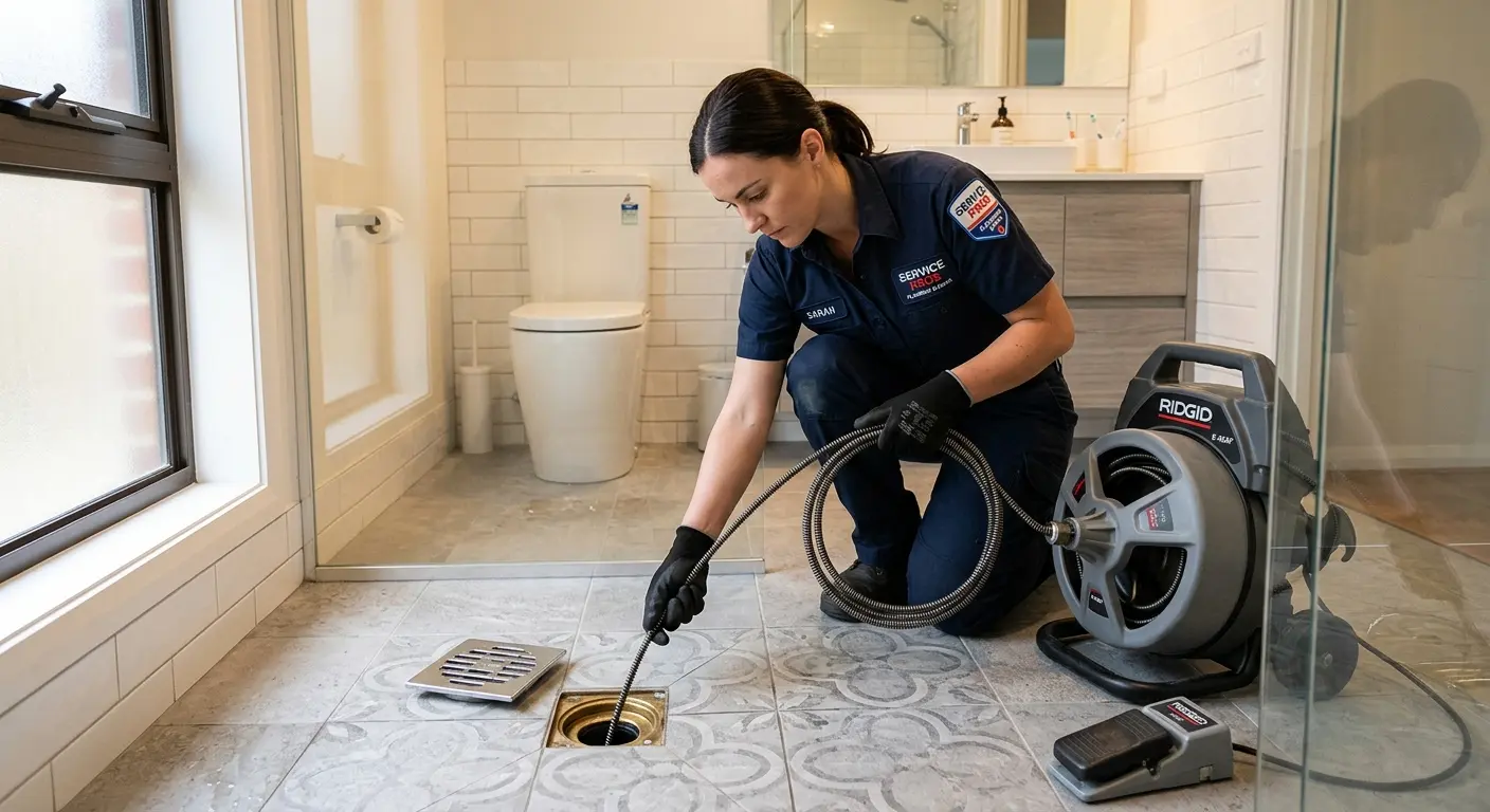 Technician clearing a bathroom floor drain for Hydro Jetting in Kirkland